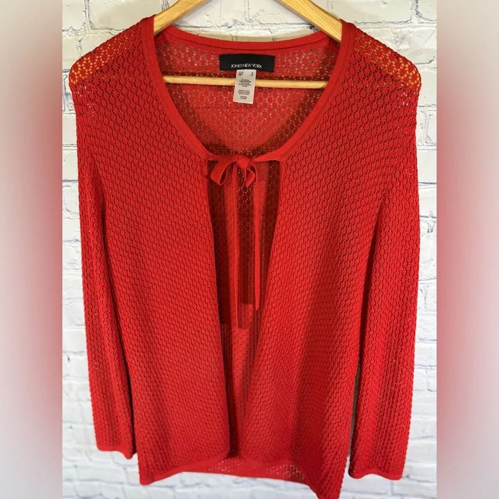 JONES NEW YORK Red Pointelle Textured Vest and Long Sleeve Tie Front Cardigan L